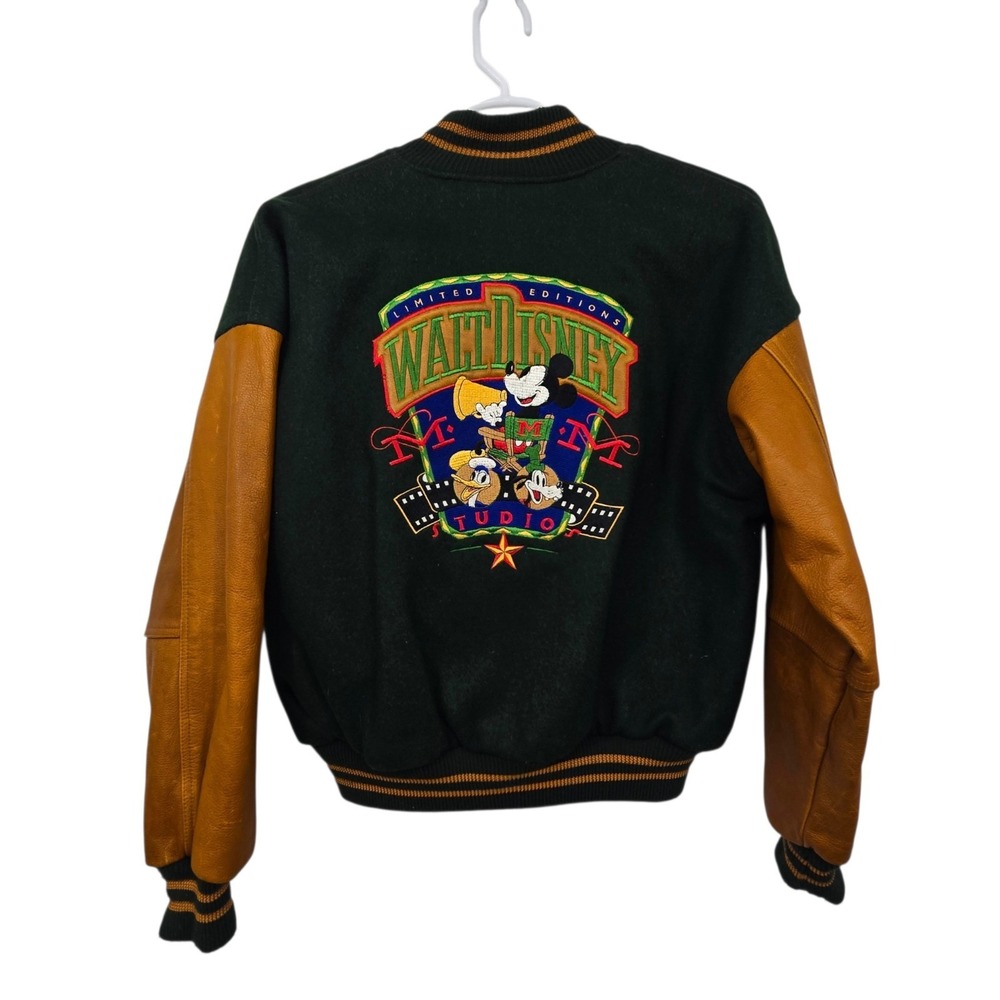 Vintage Ltd Edition Disney Wool Leather Bomber Varsity Jacket Womens S Green